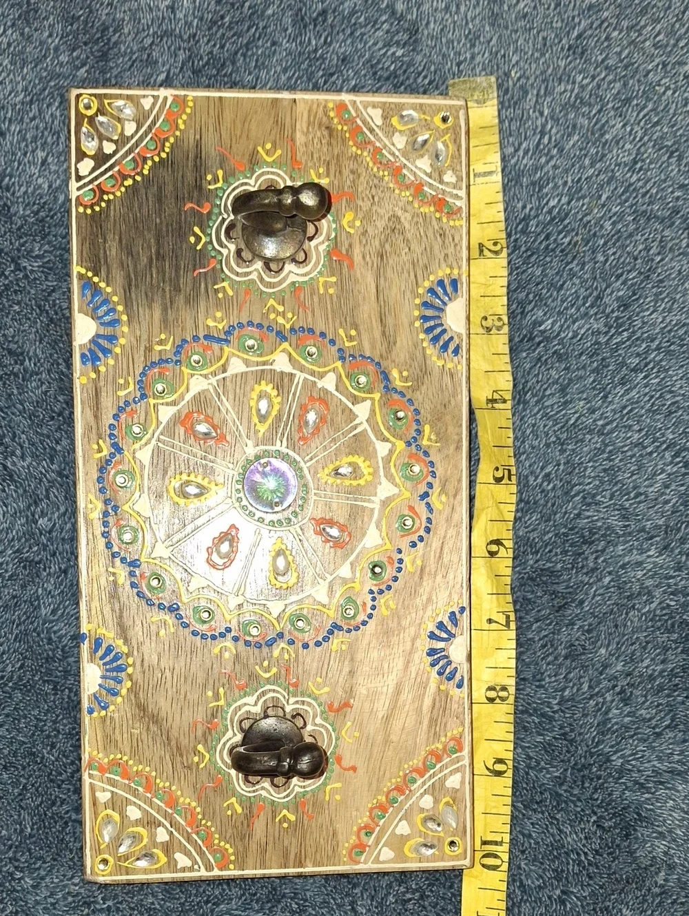 Hand-Painted Wooden Wall Hook Rack in Brown with Colorful Mandala